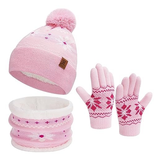 Kinder Winter Warm Beanie Mütze Schal Schlauchschal Handschuhe Set für Mädchen Jungen 3-8 Jahre, Pom Strickmütze Loop Schals Handschuhe mit Fleece Gefütterte Geschenk Weihnachten, Rosa, Einheitsgröße von Bequemer Laden