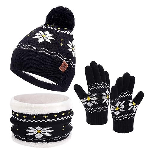 Kinder Winter Warm Beanie Mütze Schal Schlauchschal Handschuhe Set für Mädchen Jungen 3-8 Jahre, Pom Strickmütze Loop Schals Handschuhe mit Fleece Gefütterte Geschenk Weihnachten, Schwarz von Bequemer Laden