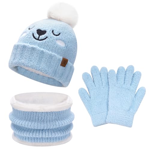 Kinder Winter Warm Mütze Loop Schal Touchscreen Handschuhe Set Pompom Wintermütze Strickmütze Beanie Schlauchschal Winterhandschuhe mit Fleece Geschenke für 5-8 Jahre Mädchen Jungen, Blau von Bequemer Laden