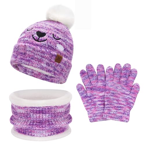 Kinder Winter Warm Mütze Loop Schal Touchscreen Handschuhe Set Pompom Wintermütze Strickmütze Beanie Schlauchschal Winterhandschuhe mit Fleece Geschenke für 5-8 Jahre Mädchen Jungen, Gebatikt Lila von Bequemer Laden