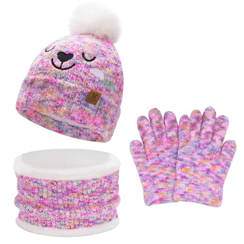 Kinder Winter Warm Mütze Loop Schal Touchscreen Handschuhe Set Pompom Wintermütze Strickmütze Beanie Schlauchschal Winterhandschuhe mit Fleece Geschenke für 5-8 Jahre Mädchen Jungen, Gebatikt Rosa von Bequemer Laden