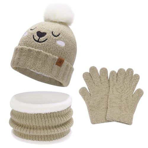 Kinder Winter Warm Mütze Loop Schal Touchscreen Handschuhe Set Pompom Wintermütze Strickmütze Beanie Schlauchschal Winterhandschuhe mit Fleece Geschenke für 5-8 Jahre Mädchen Jungen, Khaki von Bequemer Laden