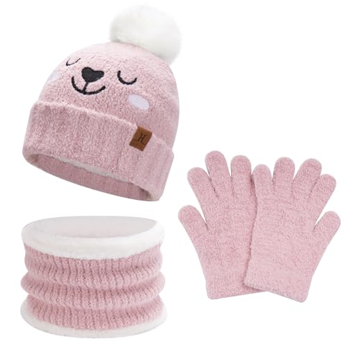 Kinder Winter Warm Mütze Loop Schal Touchscreen Handschuhe Set Pompom Wintermütze Strickmütze Beanie Schlauchschal Winterhandschuhe mit Fleece Geschenke für 5-8 Jahre Mädchen Jungen, Rosa von Bequemer Laden