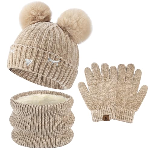 Kinder Winter Warm Pompom Beanie Mütze Schal Schlauchschal und Touchscreen Handschuhe Set mit Fleece Gefüttert für 3-10 Jahre Jungen Mädchen Wintermütze Strickmütze Winterhandschuhe, Beige von Bequemer Laden
