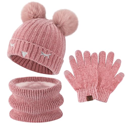 Kinder Winter Warm Pompom Beanie Mütze Schal Schlauchschal und Touchscreen Handschuhe Set mit Fleece Gefüttert für 3-10 Jahre Jungen Mädchen Wintermütze Strickmütze Winterhandschuhe, Rosa von Bequemer Laden