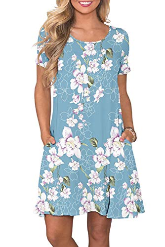 Bequemer Laden Damen Casual Sommer Tshirt Kleid Locker Rundhals Kurzarm Midi Kleider Knielang Elegant Sommerkleid Strandkleid mit Taschen, E Blumen Hellblau, M von Bequemer Laden