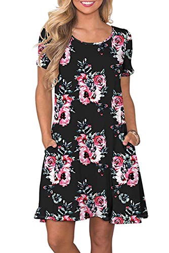 Bequemer Laden Sommerkleider Damen Casual Kurzarm T-Shirt Kleid Kurzen Blumen Bedrucktes Strandkleider mit Taschen, S, Schwarz von Bequemer Laden