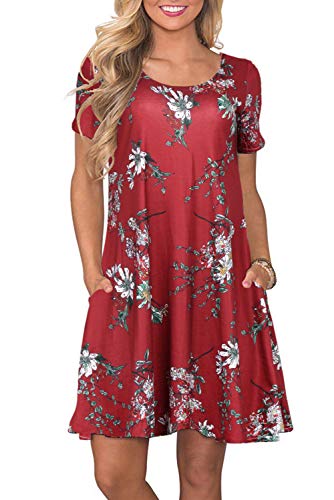 Bequemer Laden Sommerkleider Damen Casual Kurzarm T-Shirt Kleid Kurzen Blumen Bedrucktes Strandkleider mit Taschen, L, Weinrot von Bequemer Laden