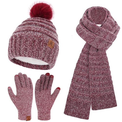 Winter Damen Mütze Schal Touchscreen Handschuhe Set mit Fleece Gefütterte, Warm Wintermütze Strickmütze Beanie mit Bommel Winterhandschuhe Lange Schals für Damen Geschenk Weihnachten, Weinrot von Bequemer Laden