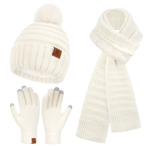 Winter Damen Mütze Schal Touchscreen Handschuhe Set mit Fleece Gefütterte, Warm Wintermütze Strickmütze Beanie mit Bommel Winterhandschuhe Lange Schals für Damen Geschenk Weihnachten, Weiß von Bequemer Laden