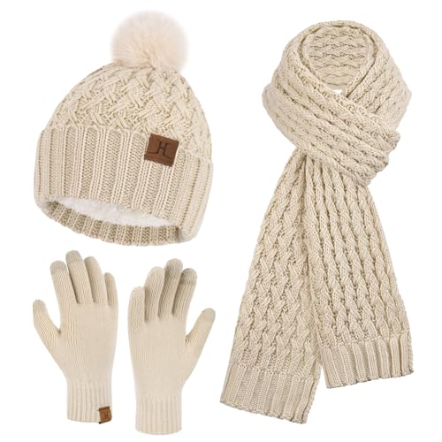Winter Damen Mütze mit Bommel Lange Schal Touchscreen Handschuhe Set Warm Beanie Wintermütze Strickmütze Fleece Gefütterte Winterhandschuhe Schals für Damen Frauen Geschenk, Haferflocken von Bequemer Laden