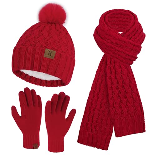 Winter Damen Mütze mit Bommel Lange Schal Touchscreen Handschuhe Set Warm Beanie Wintermütze Strickmütze Fleece Gefütterte Winterhandschuhe Schals für Damen Frauen Geschenk, Rot von Bequemer Laden
