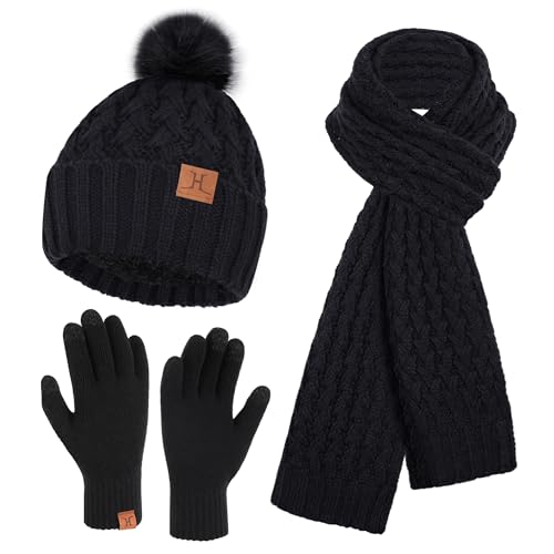 Winter Damen Mütze mit Bommel Lange Schal Touchscreen Handschuhe Set Warm Beanie Wintermütze Strickmütze Fleece Gefütterte Winterhandschuhe Schals für Damen Frauen Geschenk, Schwarz von Bequemer Laden