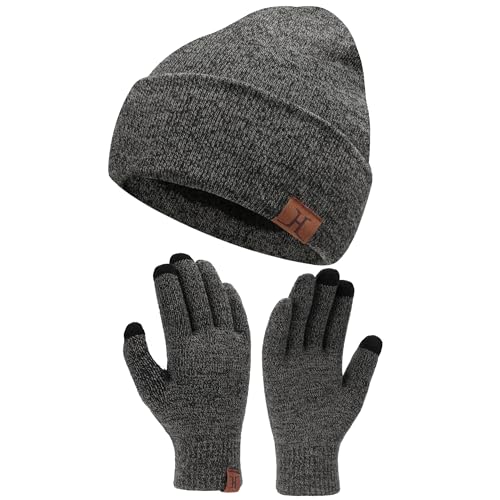 Bequemer Laden Herren Damen Winter Warm Beanie Mütze Touchscreen Handschuhe Set, Wintermütze Strickmütze Winterhandschuhe mit Fleece Gefütterte, Midgrey, Einheitsgröße von Bequemer Laden