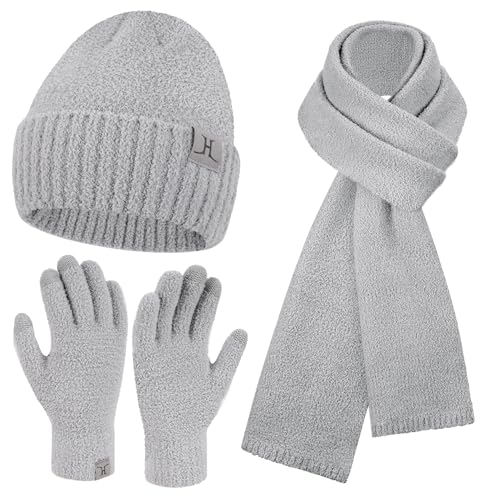 Winter Warm Damen Mütze Lange Schal Touchscreen Handschuhe Set Thermo Wintermütze Strickmütze Beanie Winterhandschuhe Schals für Damen Geschenk Frauen, Hellgrau von Bequemer Laden