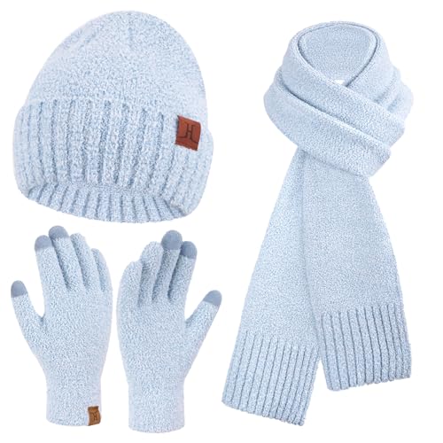 Winter Warm Damen Mütze Lange Schal Touchscreen Handschuhe Set Thermo Wintermütze Strickmütze Beanie Winterhandschuhe Schals für Damen Geschenk Frauen, Himmelblau von Bequemer Laden
