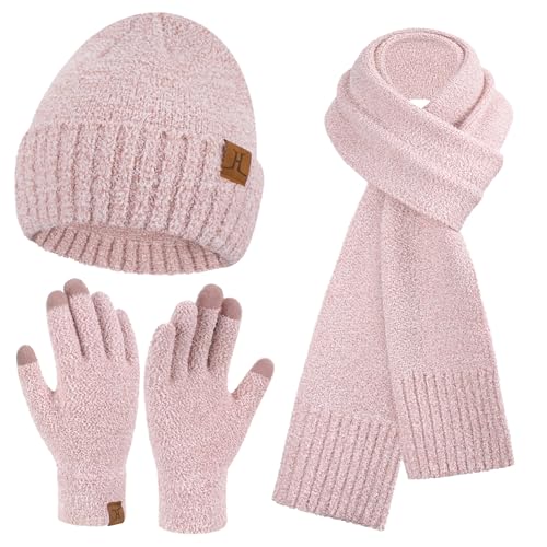 Winter Warm Damen Mütze Lange Schal Touchscreen Handschuhe Set Thermo Wintermütze Strickmütze Beanie Winterhandschuhe Schals für Damen Geschenk Frauen, Rosaweiß von Bequemer Laden