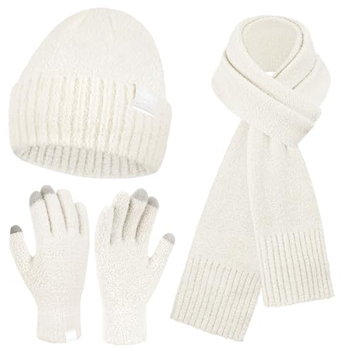 Winter Warm Damen Mütze Lange Schal Touchscreen Handschuhe Set Thermo Wintermütze Strickmütze Beanie Winterhandschuhe Schals für Damen Geschenk Frauen, Weiß von Bequemer Laden