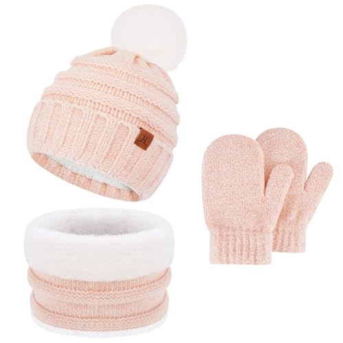 Winter Warm Kinder Beanie Mütze Loop Schal und Handschuhe Set, Mädchen Jungen Bommel Wintermütze Strickmütze Schlauchschal Fäustlinge mit Fleece Gefütterte für 2 3 4 5 6 Jahre Baby Kleinkind, Rosa von Bequemer Laden