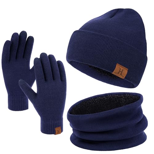 Winter Warm Mütze Loop Schal und Touchscreen Handschuhe Set für Herren und Damen, Wintermütze Strickmütze Beanie Schlauchschal Winterhandschuhe Strickhandschuhe mit Fleece Gefütterte, Blau von Bequemer Laden