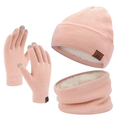 Winter Warm Mütze Loop Schal und Touchscreen Handschuhe Set für Herren und Damen, Wintermütze Strickmütze Beanie Schlauchschal Winterhandschuhe Strickhandschuhe mit Fleece Gefütterte, Hellrosa von Bequemer Laden