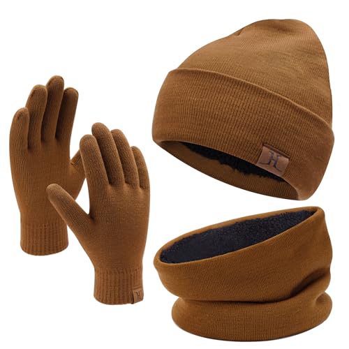 Winter Warm Mütze Loop Schal und Touchscreen Handschuhe Set für Herren und Damen, Wintermütze Strickmütze Beanie Schlauchschal Winterhandschuhe Strickhandschuhe mit Fleece Gefütterte, Kaffee von Bequemer Laden
