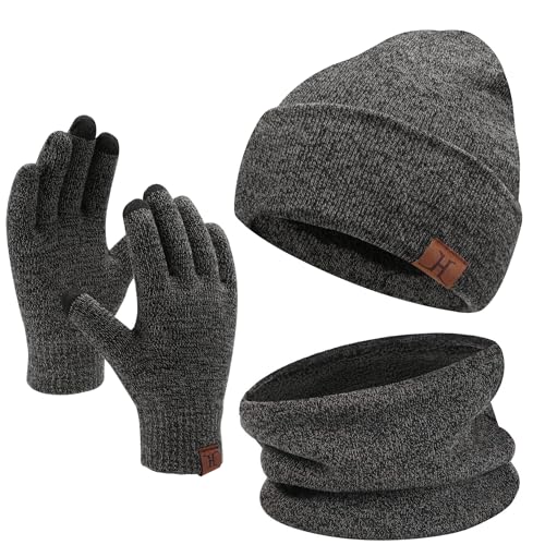 Winter Warm Mütze Loop Schal und Touchscreen Handschuhe Set für Herren und Damen, Wintermütze Strickmütze Beanie Schlauchschal Winterhandschuhe Strickhandschuhe mit Fleece Gefütterte, Midgrey von Bequemer Laden
