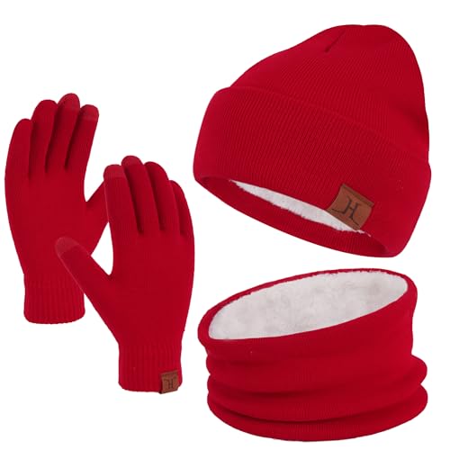 Winter Warm Mütze Loop Schal und Touchscreen Handschuhe Set für Herren und Damen, Wintermütze Strickmütze Beanie Schlauchschal Winterhandschuhe Strickhandschuhe mit Fleece Gefütterte, Rot von Bequemer Laden