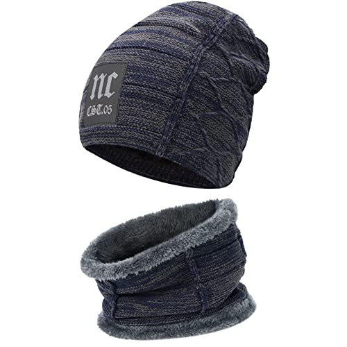 Bequemer Laden Herren Winter Warm Beanie Mütze Loop Schal Set Thermo Wintermütze Strickmütze Schlauchschal Halswärmer mit Fleece Gefütterte Geschenk Männer Weihnachten, Z Dunkelblau, Einheitsgröße von Bequemer Laden