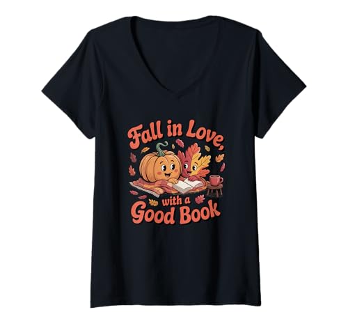 Damen Verlieben Sie Sich in EIN gutes Buch, niedliches Autum-Lesegerät T-Shirt mit V-Ausschnitt von Ber Months Season Apparel Co.