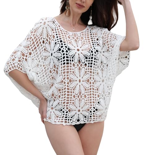 Berax Bikini Cover Up Damen Sommer Crochet Bluse Fledermausärmel Häkel Top Hollow Out Boho Strandponcho,Weiß von Berax