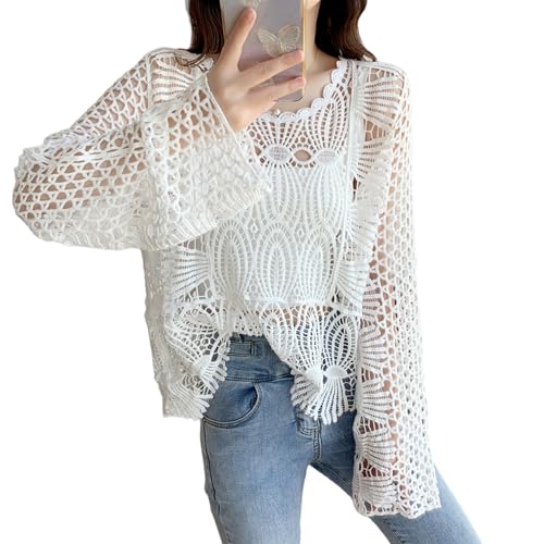 Berax Damen Bluse Hollow Out Gestrickte Rundhals Langarm Netzbluse Crochet Strand Cover Up,Weiß von Berax