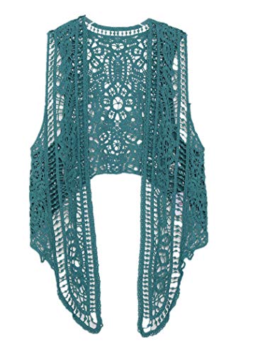 Berax Damen Bluse Lace Häkel Tops Weste Baumwolle Cardigan Hippie Häkeln Hohl Spitze Irregular Boho Weste Bluse(Pfauen Blau) von Berax