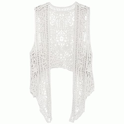 Berax Damen Bluse Lace Häkel Tops Weste Baumwolle Cardigan Hippie Häkeln Hohl Spitze Irregular Boho Weste Bluse(Weiß) von Berax