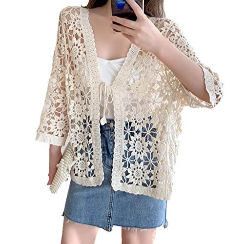 Berax Damen Bolero Sommer Crochet Cardigan Häkeln Hohl Blumen 3/4 Ärmel Strickjacke Strand Cover Up Blusen,Beige von Berax