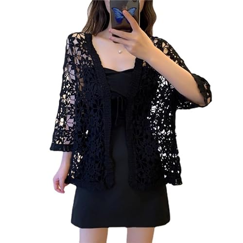 Berax Damen Bolero Sommer Crochet Cardigan Häkeln Hohl Blumen 3/4 Ärmel Strickjacke Strand Cover Up Blusen,Schwarz von Berax