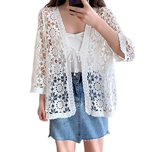 Berax Damen Bolero Sommer Crochet Cardigan Häkeln Hohl Blumen 3/4 Ärmel Strickjacke Strand Cover Up Blusen,Weiß von Berax