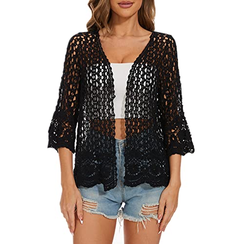 Berax Damen Bolero Sommer Crochet Cardigan Häkeln Hohl Blumen Langarm Strickjacke Strand Cover Up,Schwarz von Berax