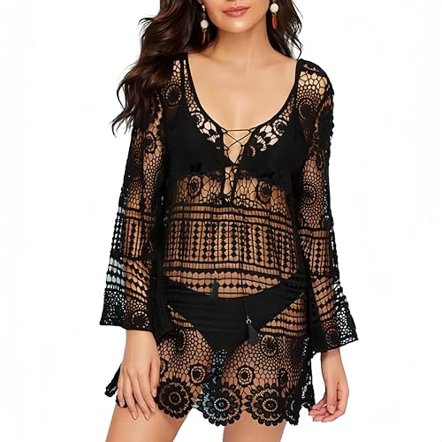 Berax Damen Crochet Bikini Cover Up Gestrickte Strandkleid Sommer Pareos Beach Kleid mit Gürtel,Schwarz von Berax