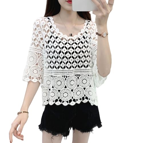 Berax Damen Crochet Bluse Sommer 3/4 Ärmel Häkel-T-Shirt Boho Hippie Hollow Out Strand Bikini Cover Up,Weiß von Berax