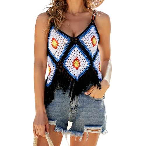 Berax Damen Crochet Tank Top Häkel-Tanktop Boho Crop Top Camisole mit Quasten,Schwarz Large von Berax