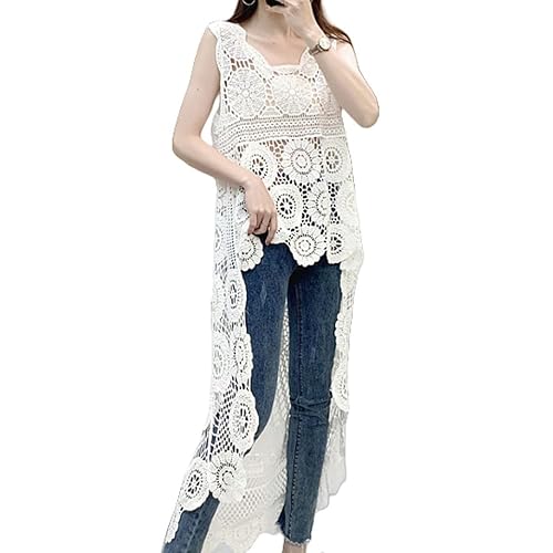 Berax Damen Crochet Tank Top Häkeln Badeanzüge Bikini Cover Up Unregelmäßiger Ärmellos Spitze Blumen Strandkleid,Weiß von Berax