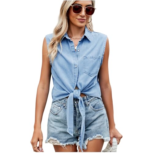 Berax Damen Jeansbluse Ärmellose Denim Crop Top Krawatte Knoten Shirt Cardigan,Medium von Berax