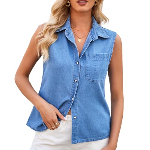 Berax Damen Jeansbluse Ärmellose Shirt Sommer Jeanshemd Denim Blusen mit Knopfleiste,Large von Berax