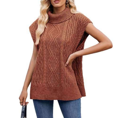 Berax Damen Pullunder Strick Weste Ärmellos Strickpullover Herbst Winter Casual Pullover Weste Mit Rollkragen,Karamell Large von Berax