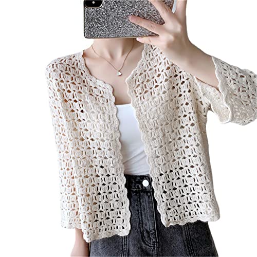 Berax Damen Strickjacke 3/4 Ärmel Kurz Cardigan Sommer Häkeln Hohl Bolerojacke Cover Up Bluse,Beige von Berax