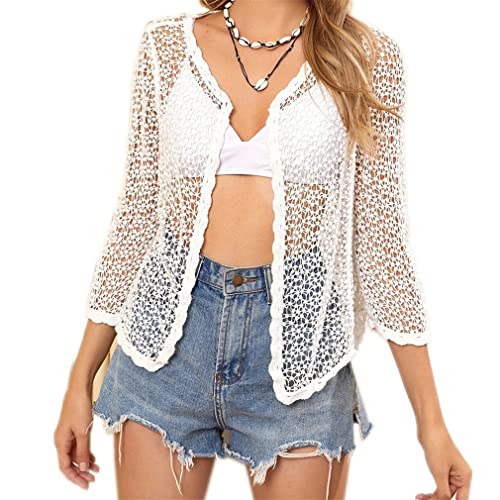 Berax Damen Strickjacke Elegante Häkeln Hohl Langarm Bolerojacke Summer Cardigan Jacket Bikini Cover Up,Weiß von Berax