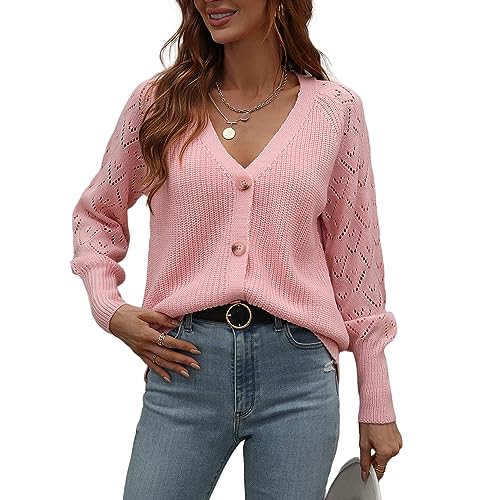 Berax Damen Strickjacke V-Ausschnitt Knopfleiste Strick Cardigan Kurz Langarm Knitwear, Rosa Large von Berax