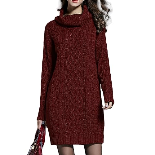 Berax Damen Strickkleid Rollkragen Pulloverkleid Langarm Twist Strick Pullikleid Minikleid Winterkleid,Weinrot 4XL von Berax