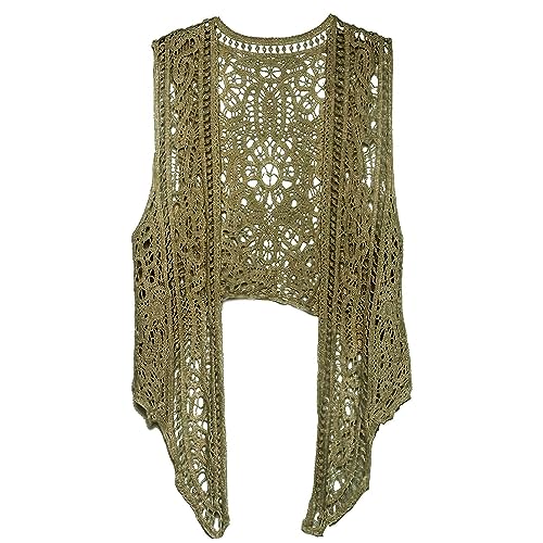 Berax Damen Weste Cardigan Hippie Gilet Häkeln Hohl Spitze Irregular Boho Ärmellos Cardigan Outwear Weste Irregular Weste Bluse(Armeegrün) von Berax